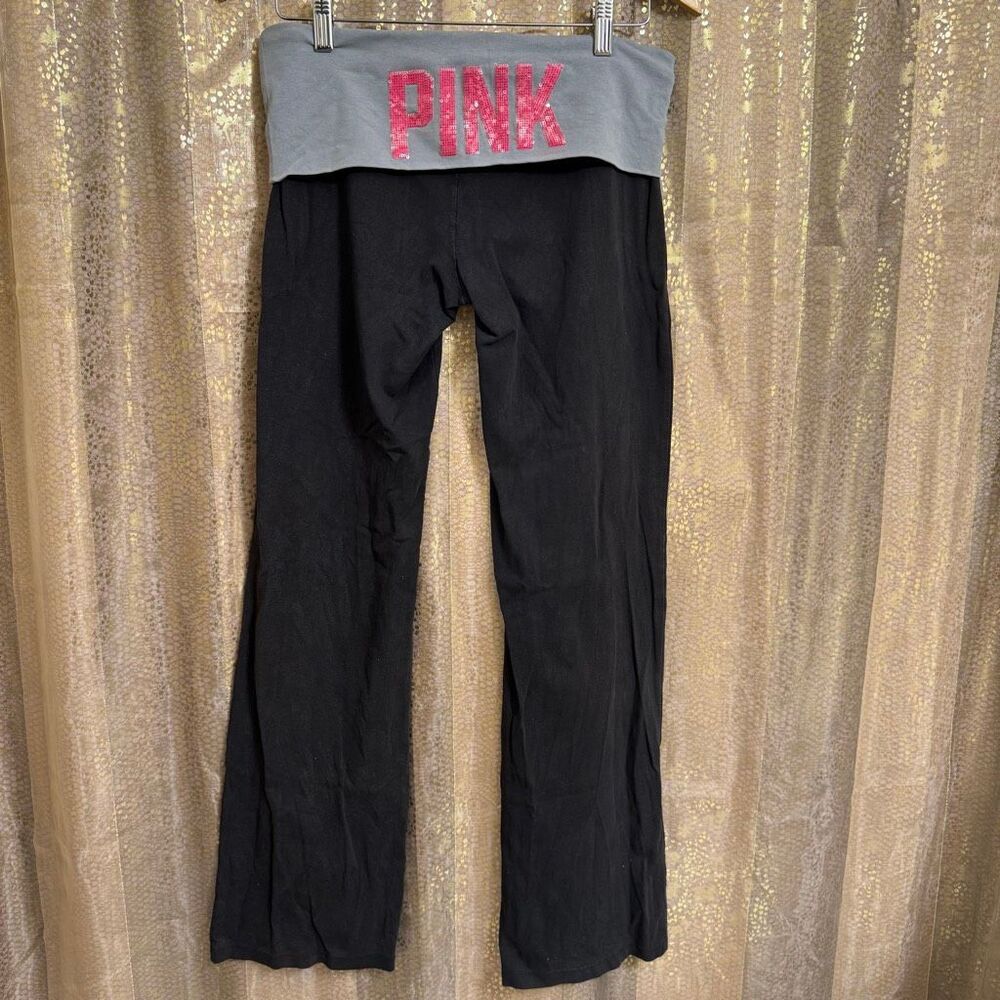 Vintage PINK Victorias Secret Gray Pink Sequin Bling Foldover Flare Pants Large